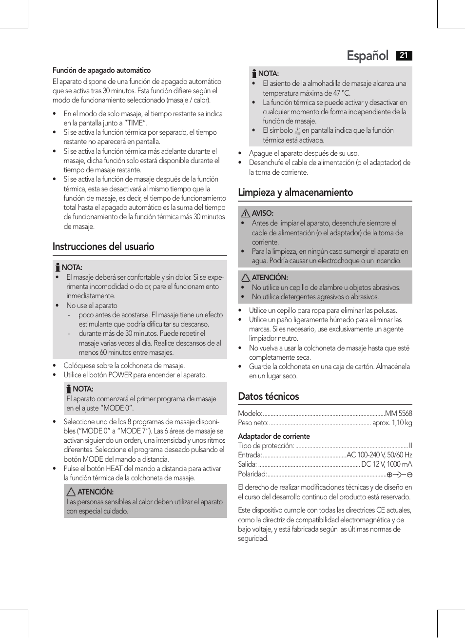 Español, Instrucciones del usuario, Limpieza y almacenamiento | Datos técnicos | AEG MM 5568 User Manual | Page 21 / 56