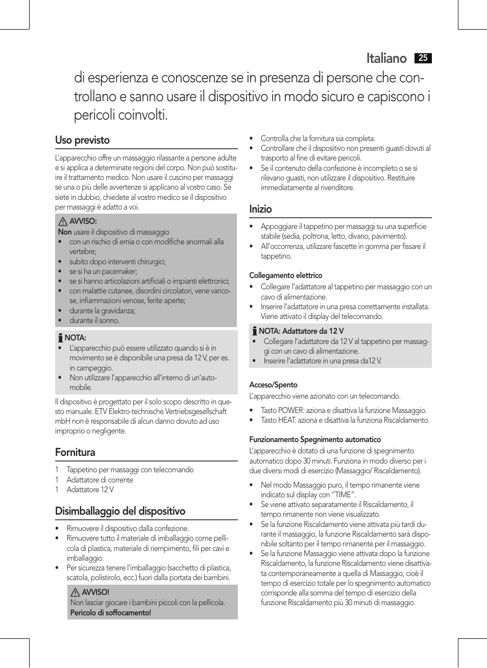 Italiano, Uso previsto, Fornitura | Disimballaggio del dispositivo, Inizio | AEG MM 5568 User Manual | Page 25 / 56