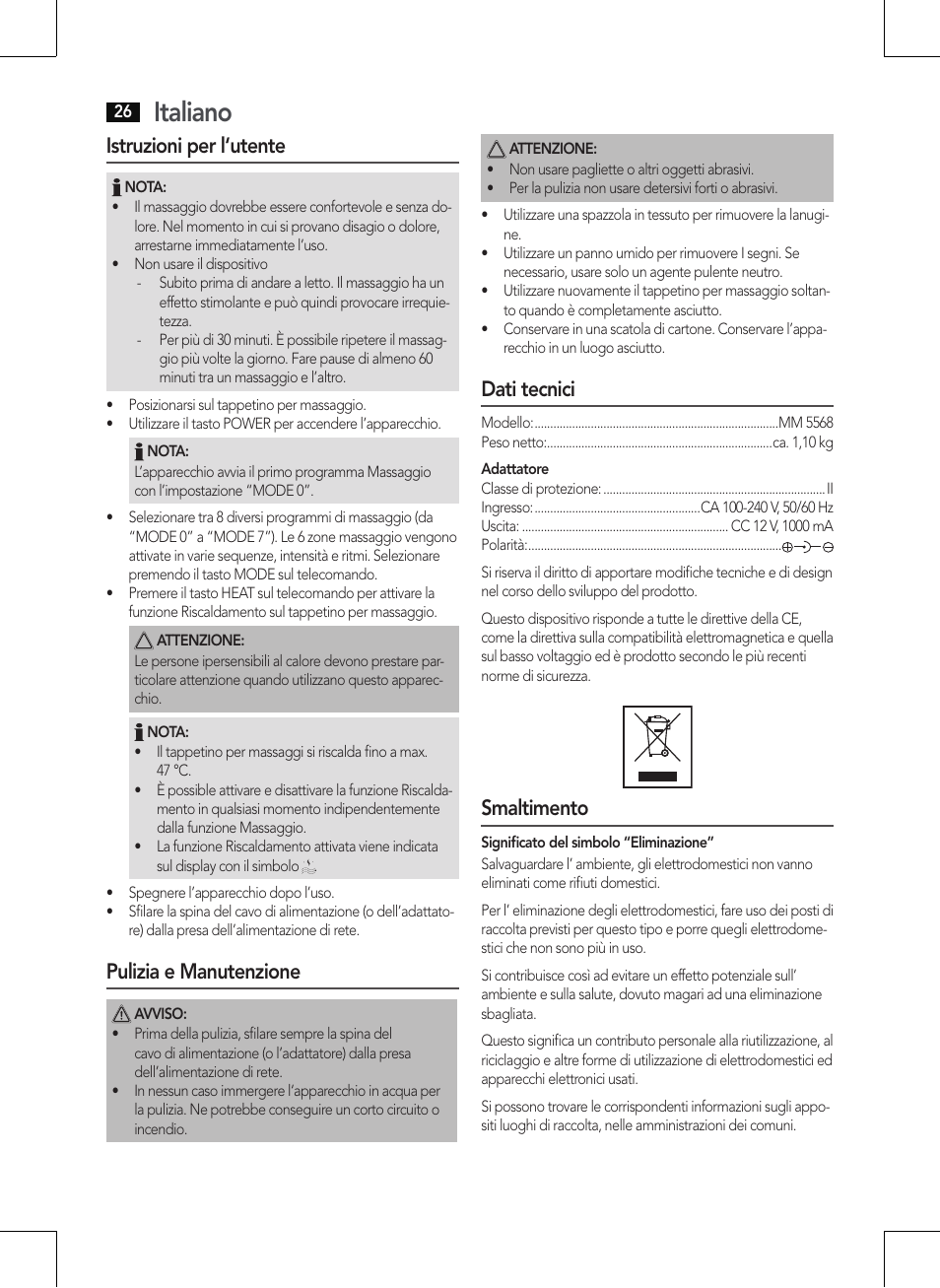 Italiano, Istruzioni per l‘utente, Pulizia e manutenzione | Dati tecnici, Smaltimento | AEG MM 5568 User Manual | Page 26 / 56