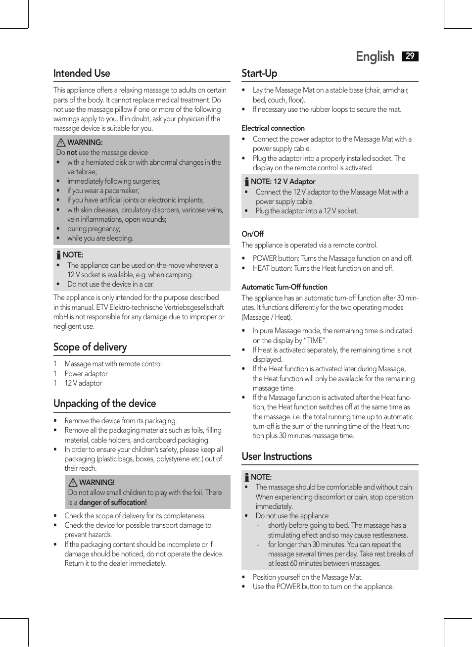 English, Intended use, Scope of delivery | Unpacking of the device, Start-up, User instructions | AEG MM 5568 User Manual | Page 29 / 56