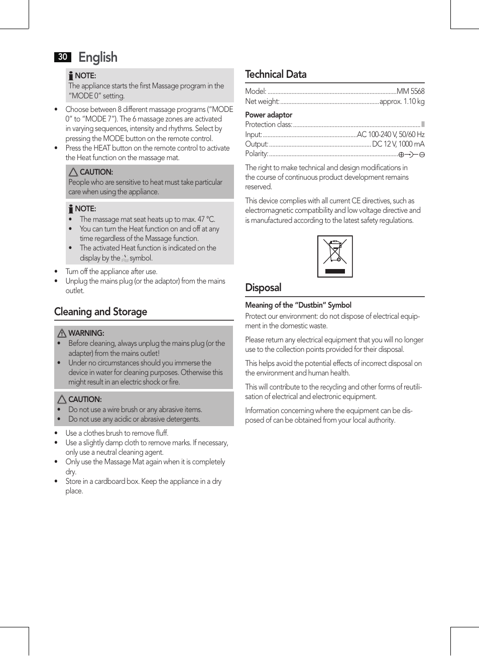 English, Cleaning and storage, Technical data | Disposal | AEG MM 5568 User Manual | Page 30 / 56