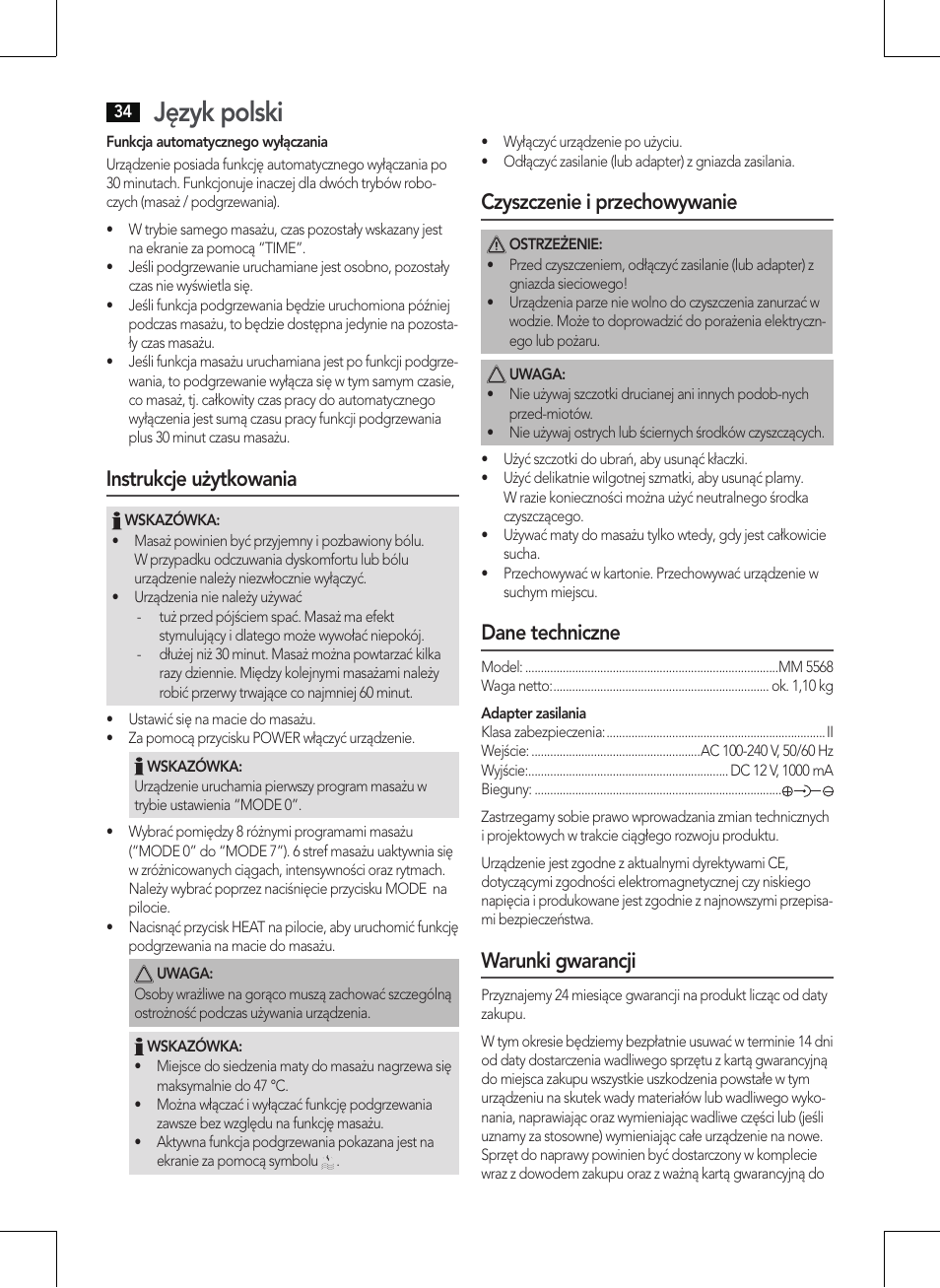 Język polski, Instrukcje użytkowania, Czyszczenie i przechowywanie | Dane techniczne, Warunki gwarancji | AEG MM 5568 User Manual | Page 34 / 56