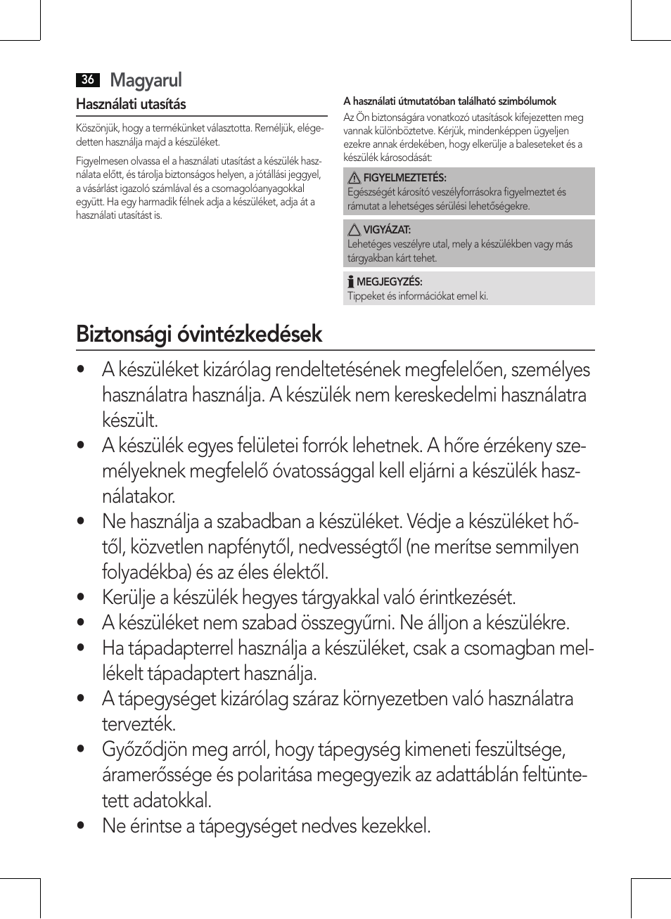 Biztonsági óvintézkedések | AEG MM 5568 User Manual | Page 36 / 56