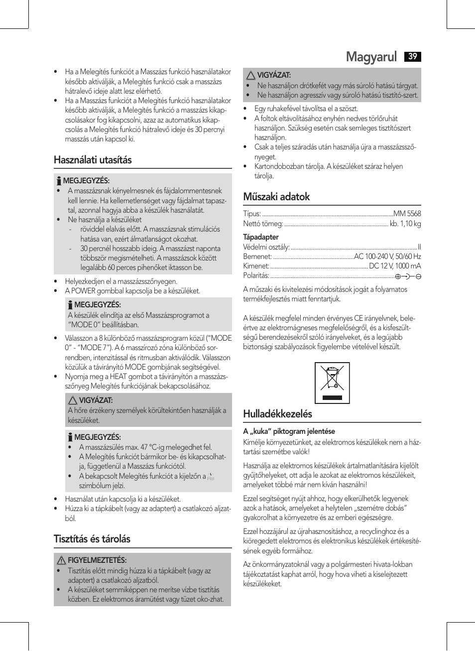 Magyarul, Használati utasítás, Tisztítás és tárolás | Műszaki adatok, Hulladékkezelés | AEG MM 5568 User Manual | Page 39 / 56