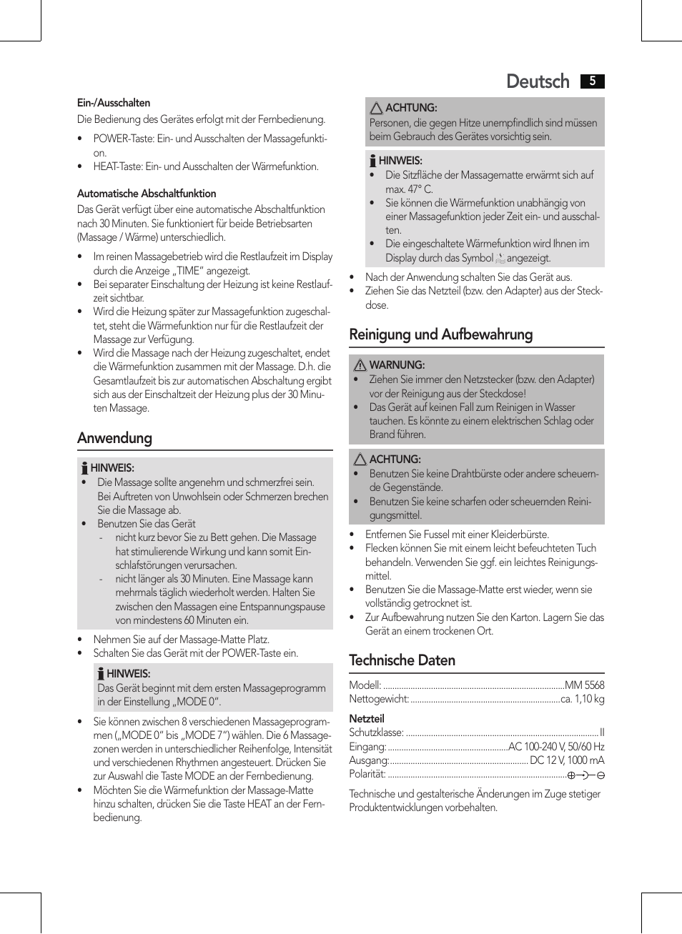 Deutsch, Anwendung, Reinigung und aufbewahrung | Technische daten | AEG MM 5568 User Manual | Page 5 / 56