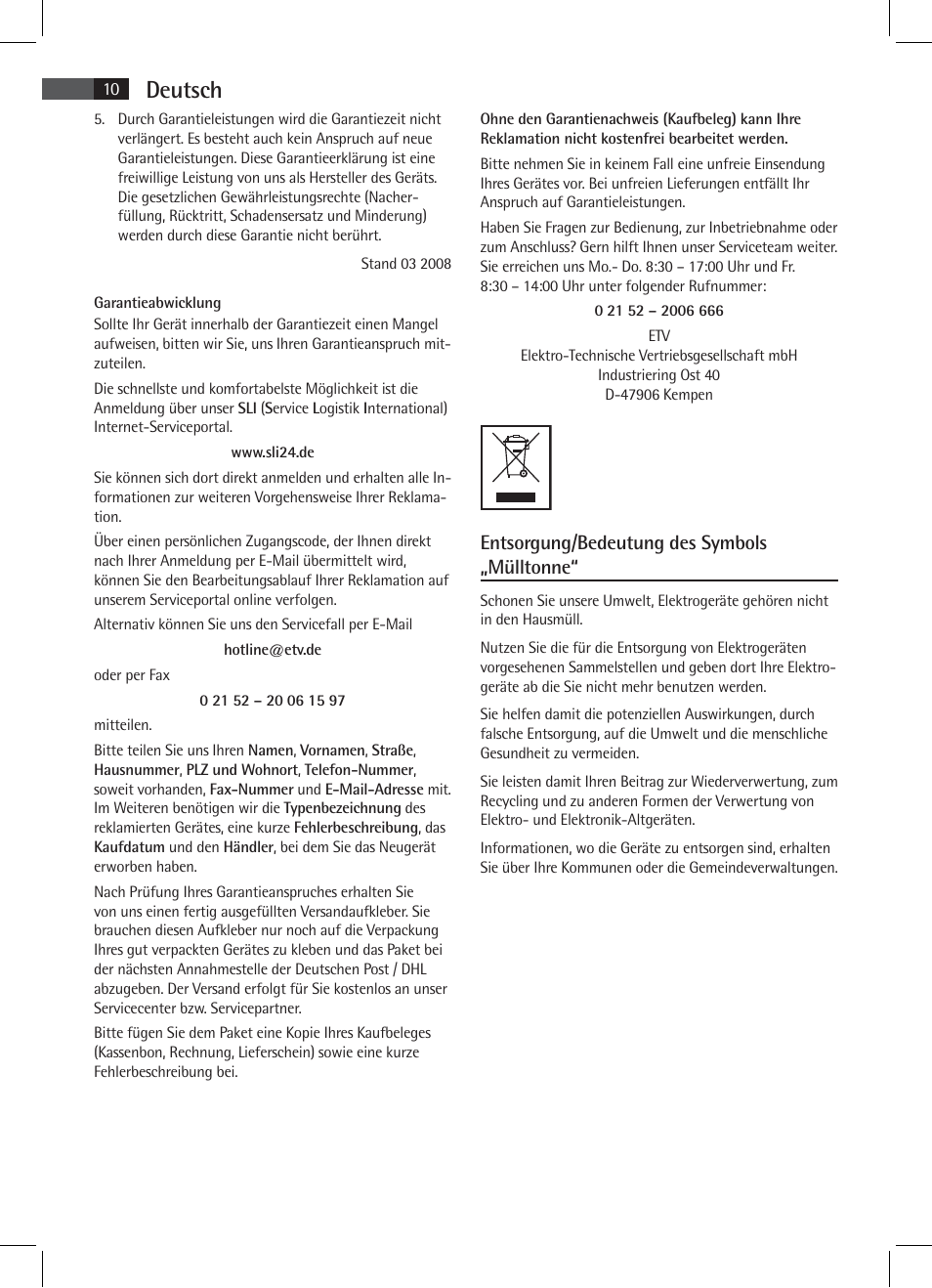 Deutsch, Entsorgung/bedeutung des symbols „mülltonne | AEG SRC 4333 iP User Manual | Page 10 / 74