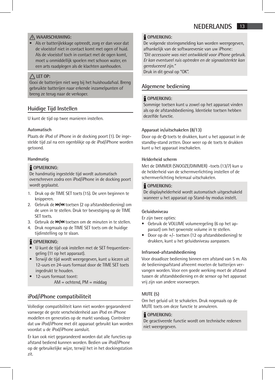 Nederlands, Huidige tijd instellen, Ipod/iphone compatibiliteit | Algemene bediening | AEG SRC 4333 iP User Manual | Page 13 / 74