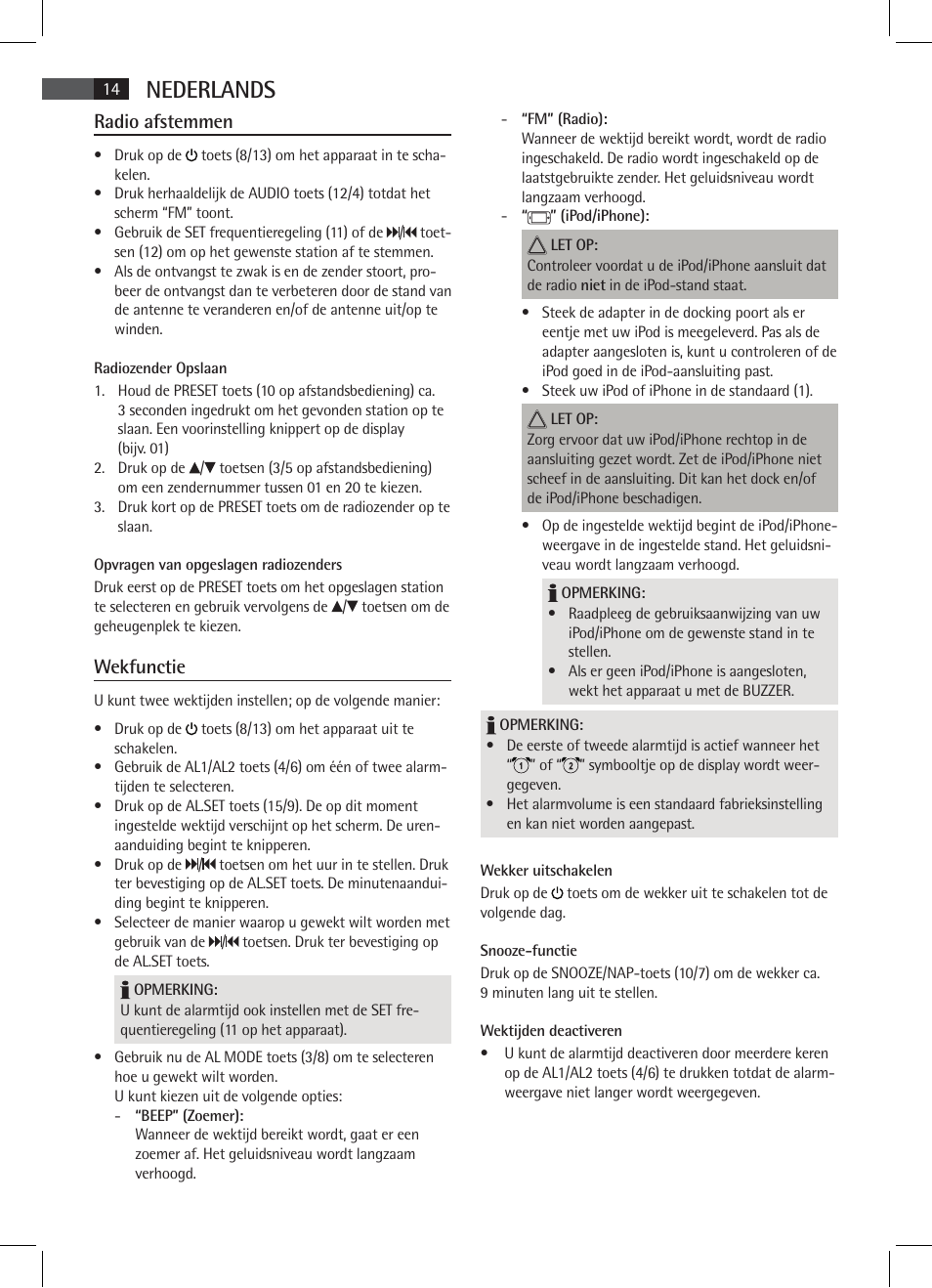Nederlands, Radio afstemmen, Wekfunctie | AEG SRC 4333 iP User Manual | Page 14 / 74