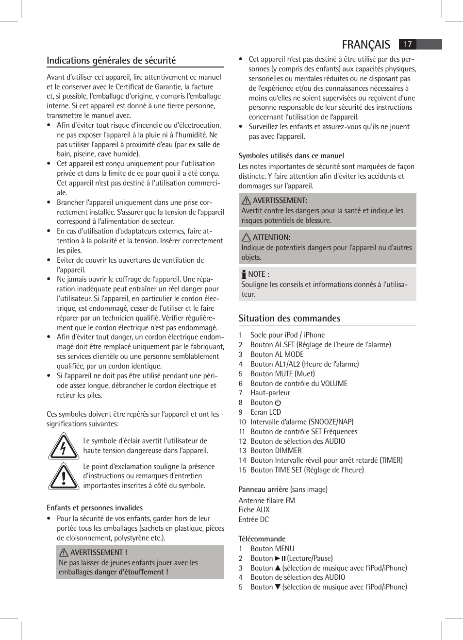 Français, Indications générales de sécurité, Situation des commandes | AEG SRC 4333 iP User Manual | Page 17 / 74