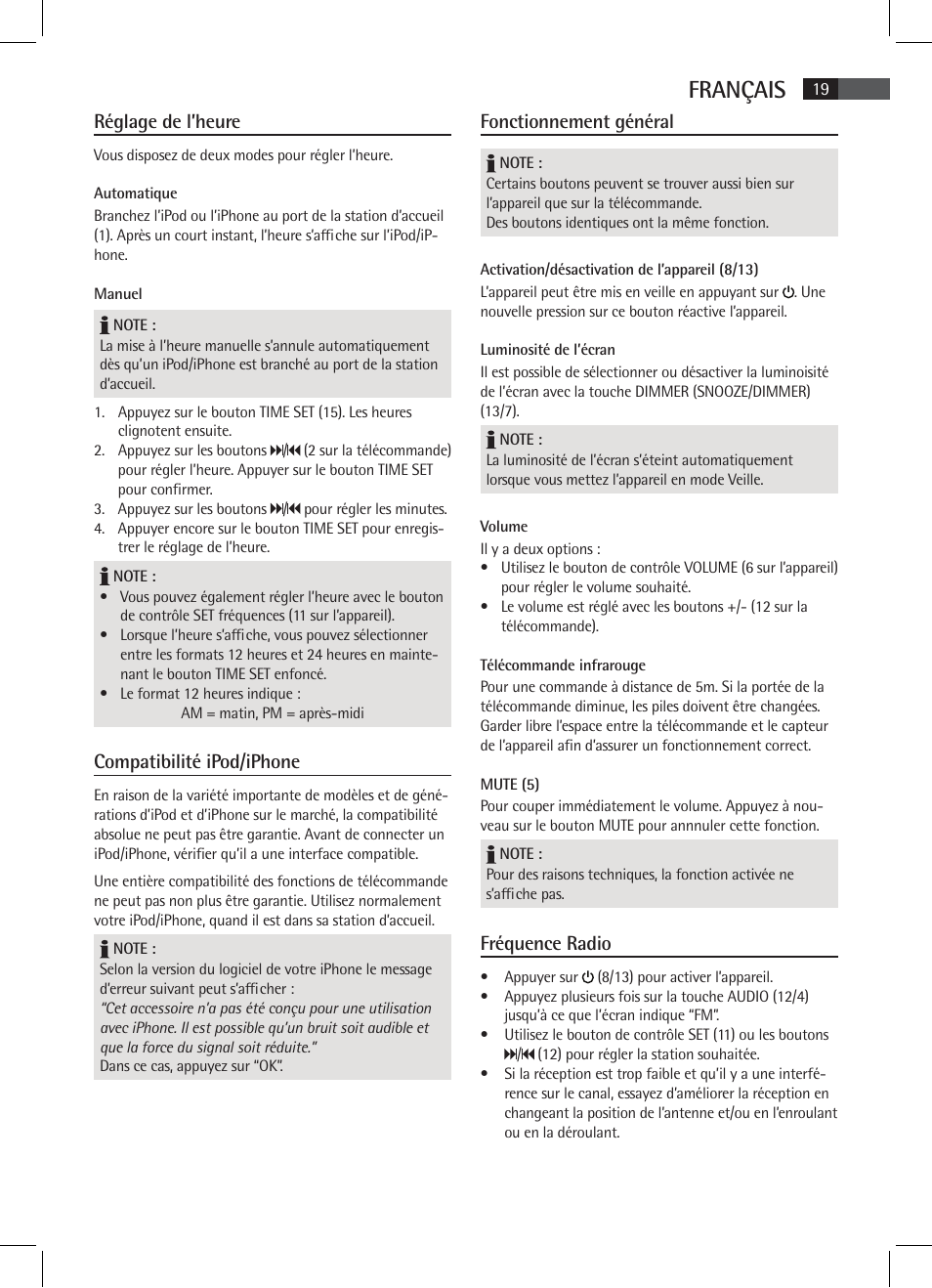 Français, Réglage de l’heure, Compatibilité ipod/iphone | Fonctionnement général, Fréquence radio | AEG SRC 4333 iP User Manual | Page 19 / 74