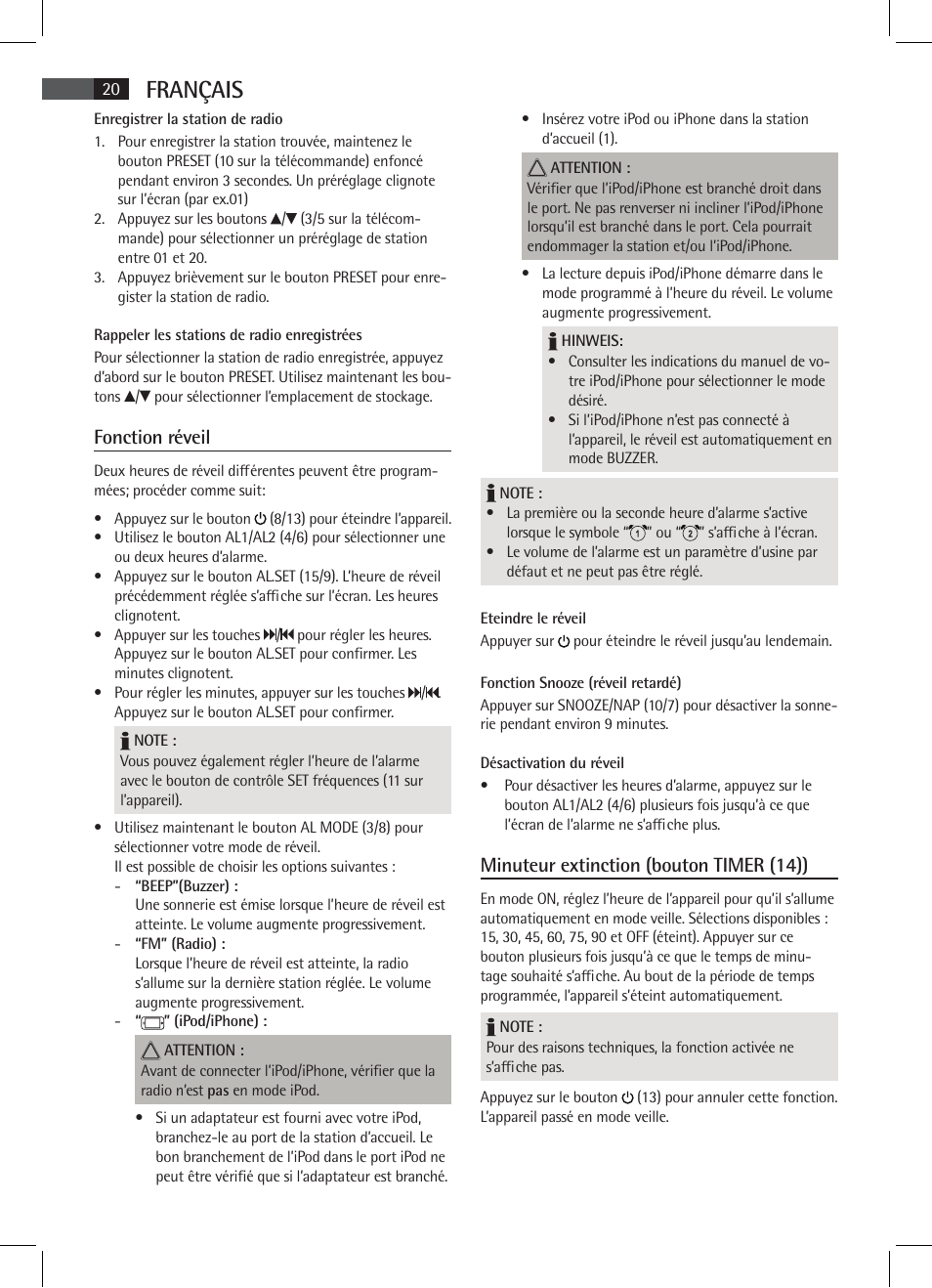 Français, Fonction réveil, Minuteur extinction (bouton timer (14)) | AEG SRC 4333 iP User Manual | Page 20 / 74