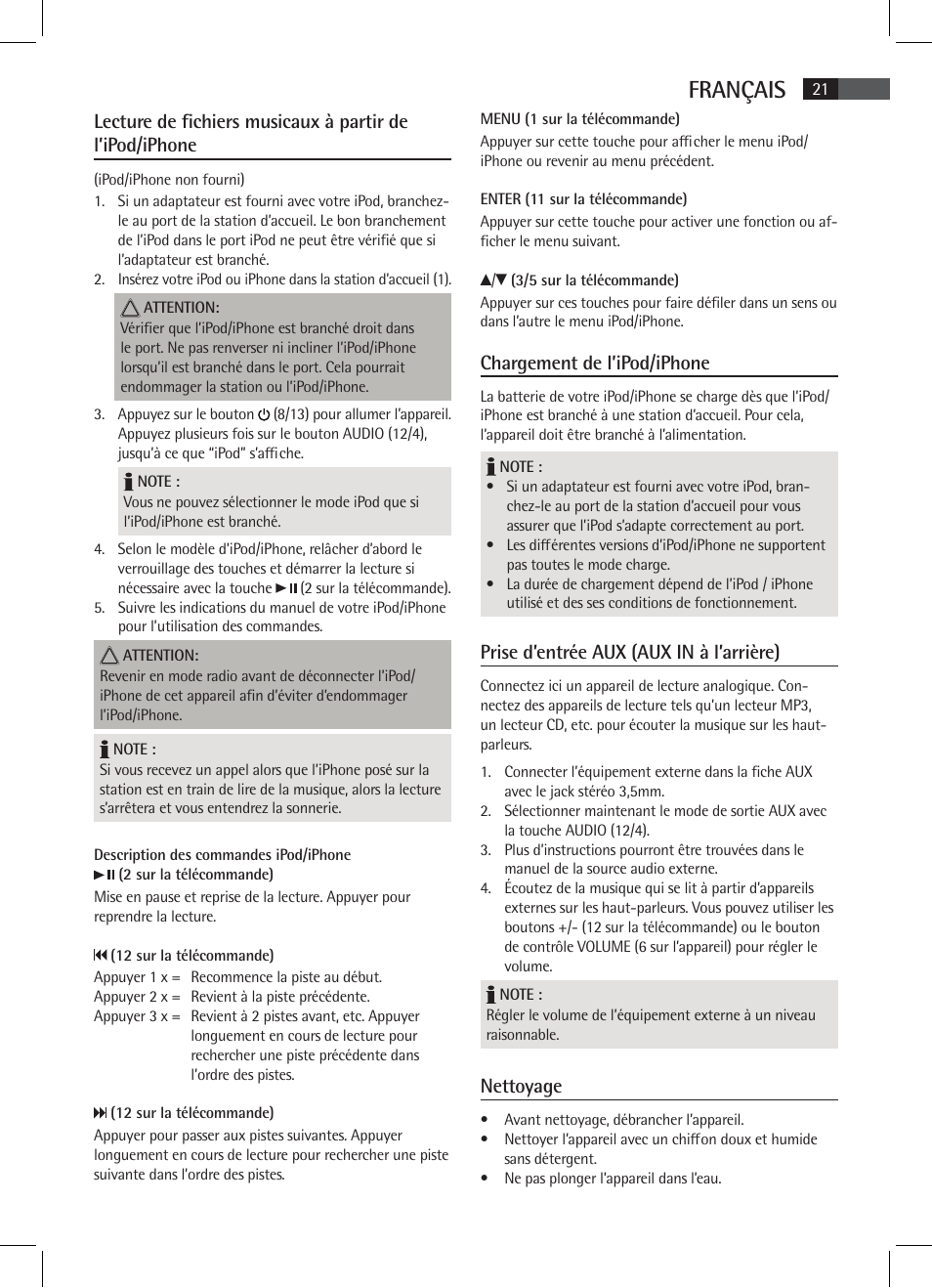 Français, Chargement de l’ipod/iphone, Prise d’entrée aux (aux in à l’arrière) | Nettoyage | AEG SRC 4333 iP User Manual | Page 21 / 74