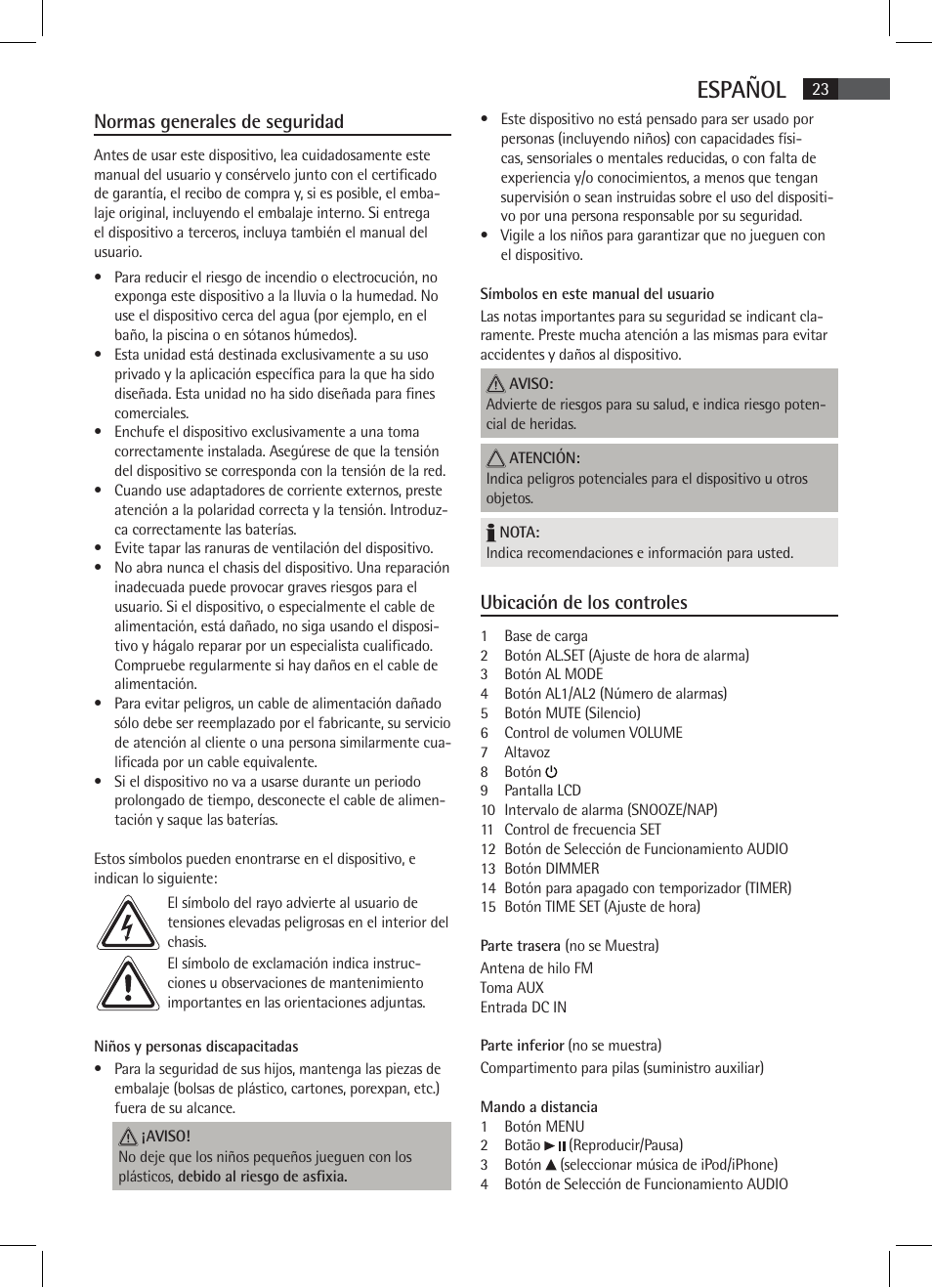 Español, Normas generales de seguridad, Ubicación de los controles | AEG SRC 4333 iP User Manual | Page 23 / 74