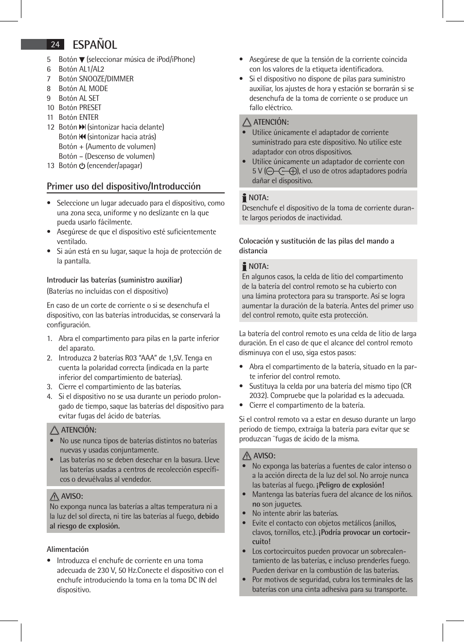 Español, Primer uso del dispositivo/introducción | AEG SRC 4333 iP User Manual | Page 24 / 74