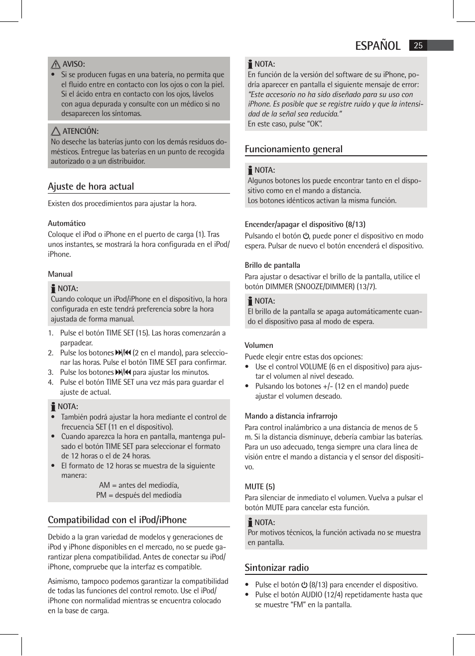 Español, Ajuste de hora actual, Compatibilidad con el ipod/iphone | Funcionamiento general, Sintonizar radio | AEG SRC 4333 iP User Manual | Page 25 / 74