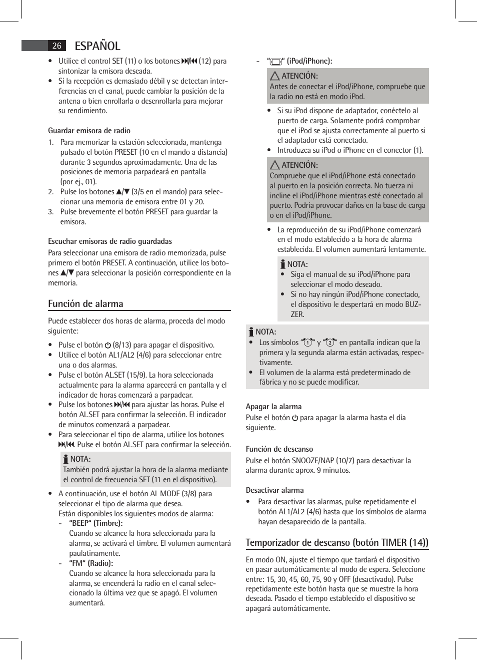 Español, Función de alarma, Temporizador de descanso (botón timer (14)) | AEG SRC 4333 iP User Manual | Page 26 / 74