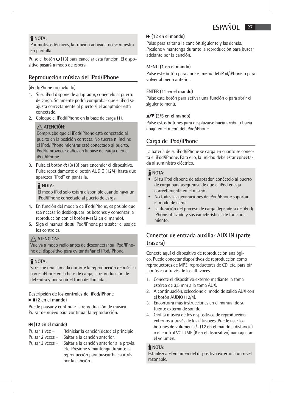 Español, Reproducción música del ipod/iphone, Carga de ipod/iphone | AEG SRC 4333 iP User Manual | Page 27 / 74