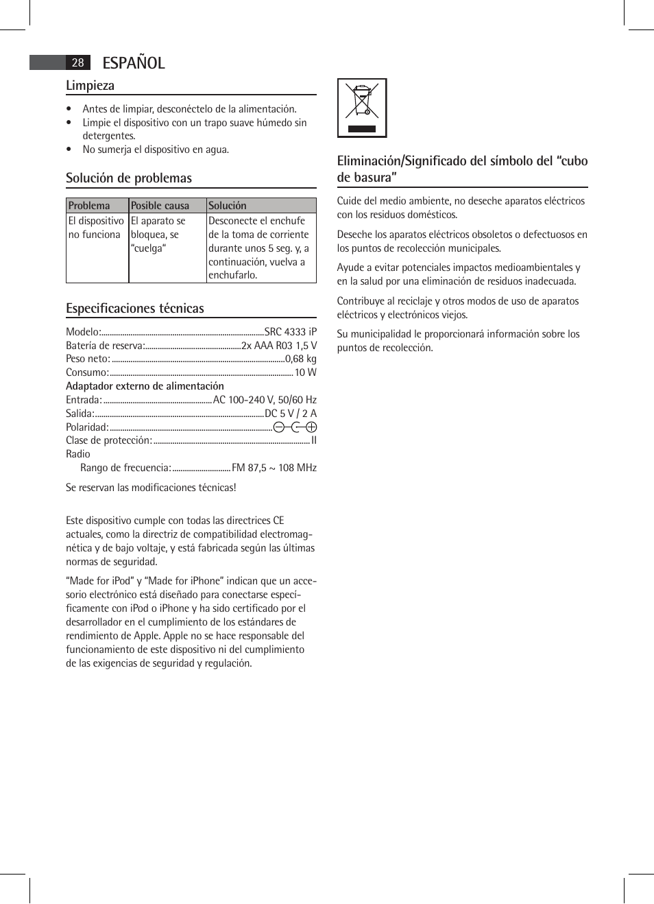 Español | AEG SRC 4333 iP User Manual | Page 28 / 74