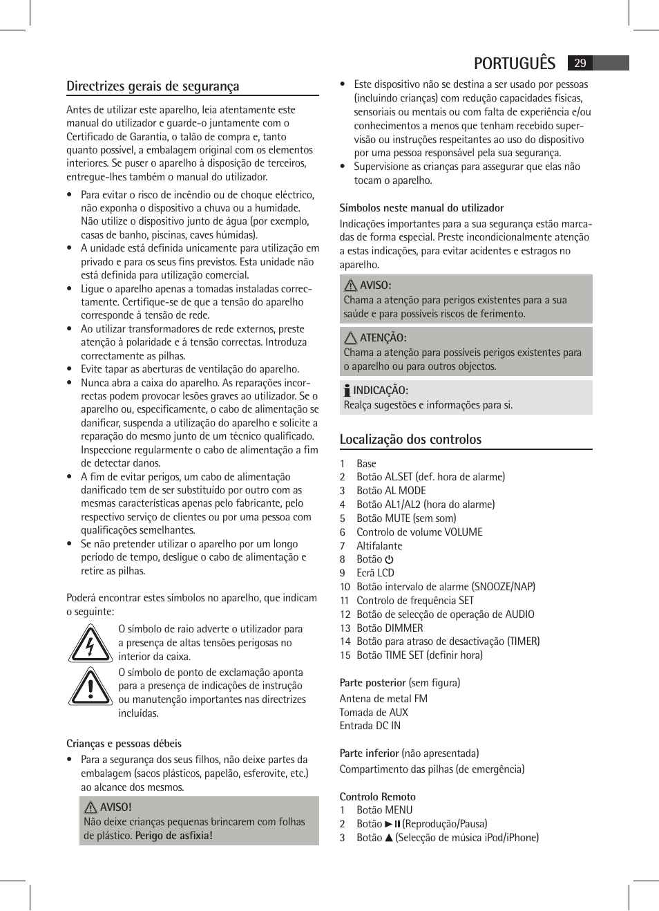 Português, Directrizes gerais de segurança, Localização dos controlos | AEG SRC 4333 iP User Manual | Page 29 / 74