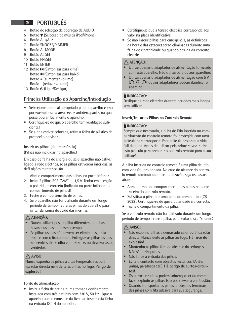 Português, Primeira utilização do aparelho/introdução | AEG SRC 4333 iP User Manual | Page 30 / 74