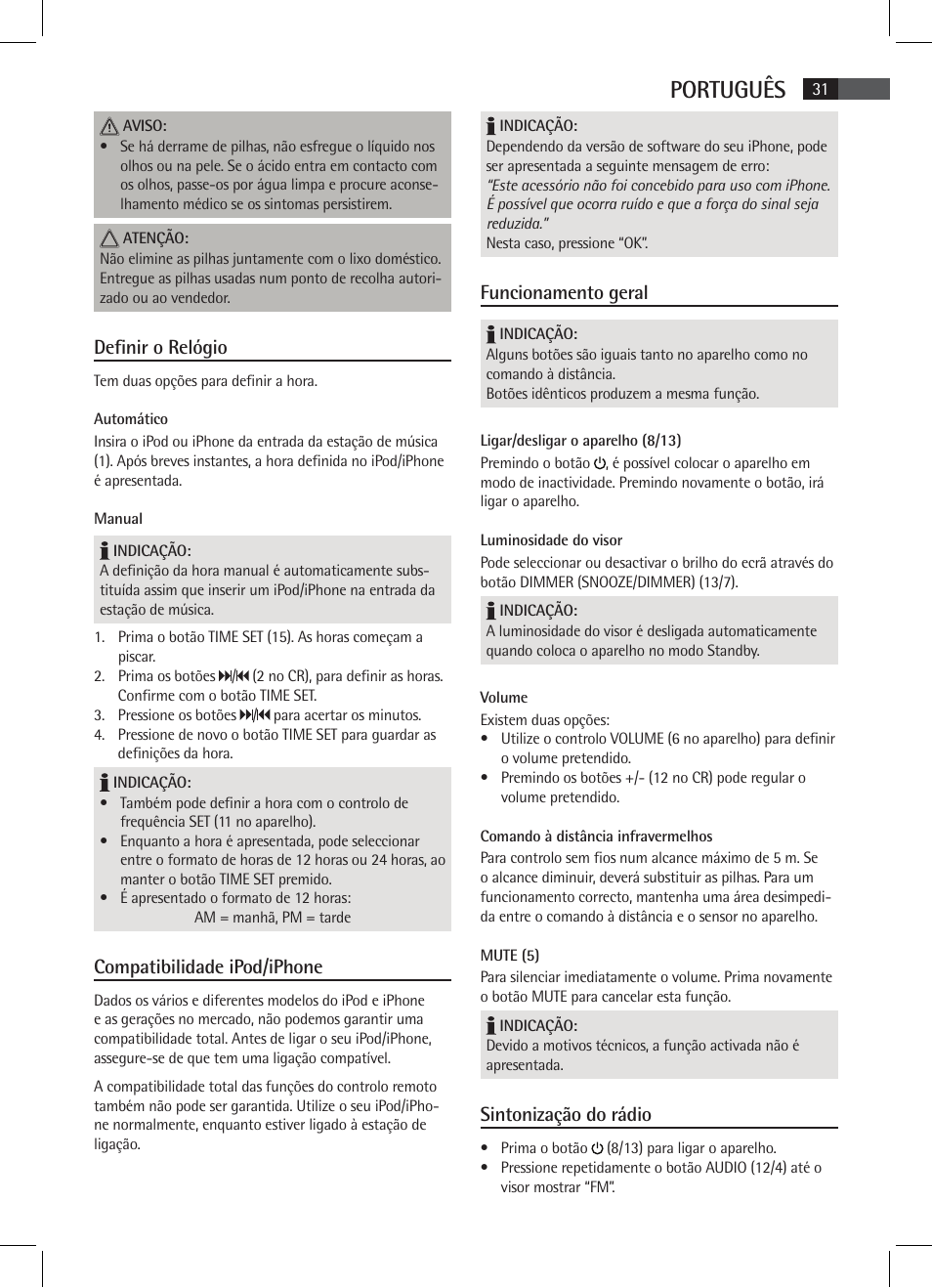 Português, Definir o relógio, Compatibilidade ipod/iphone | Funcionamento geral, Sintonização do rádio | AEG SRC 4333 iP User Manual | Page 31 / 74