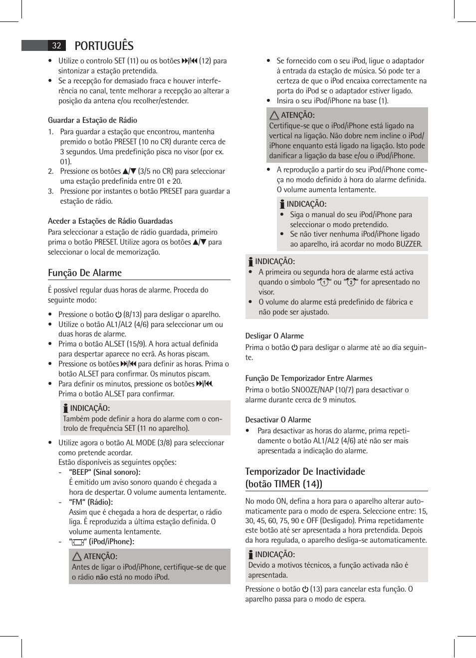 Português, Função de alarme, Temporizador de inactividade (botão timer (14)) | AEG SRC 4333 iP User Manual | Page 32 / 74