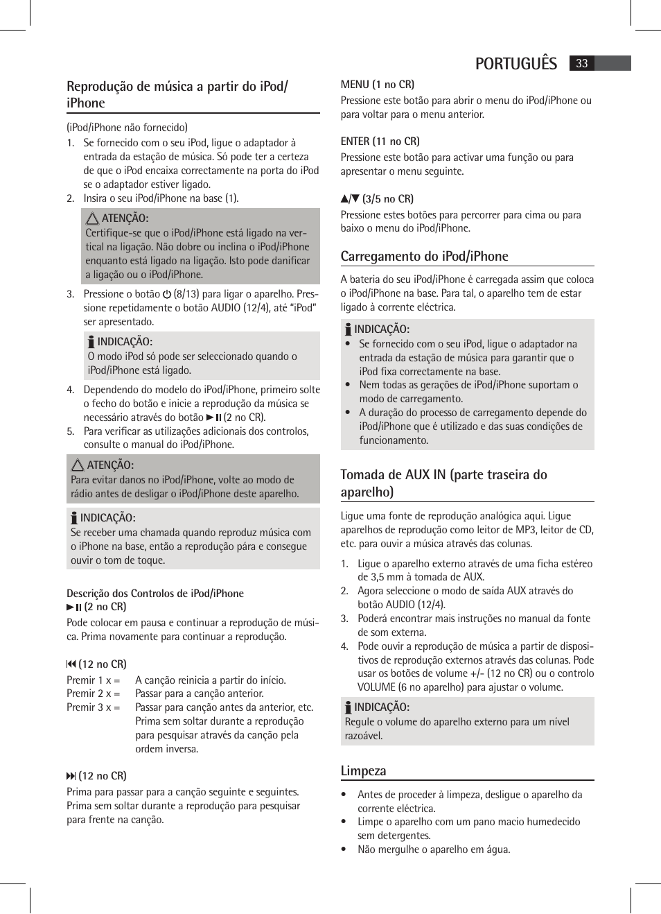 Português, Reprodução de música a partir do ipod/ iphone, Carregamento do ipod/iphone | Tomada de aux in (parte traseira do aparelho), Limpeza | AEG SRC 4333 iP User Manual | Page 33 / 74