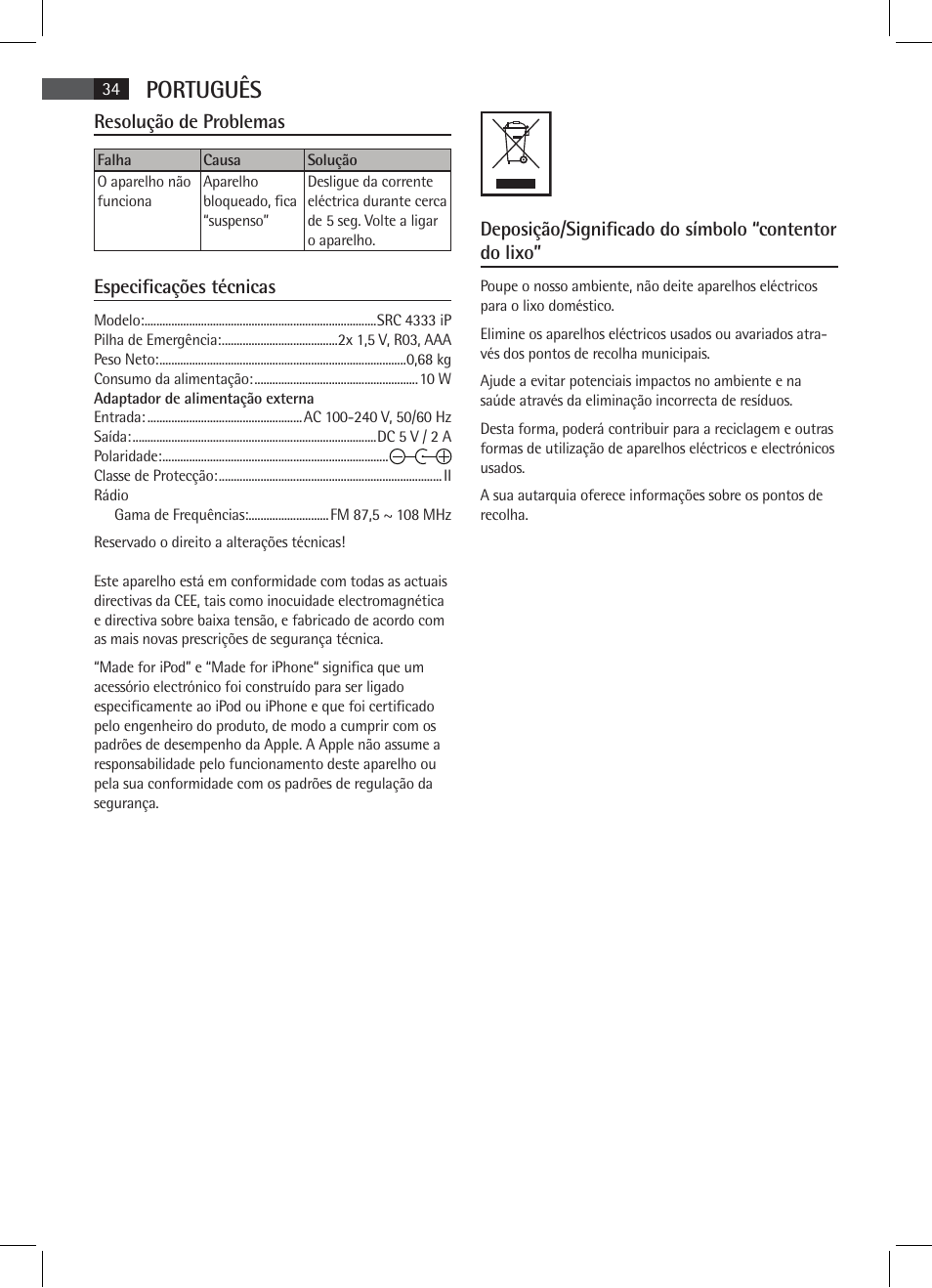 Português, Resolução de problemas, Especificações técnicas | AEG SRC 4333 iP User Manual | Page 34 / 74