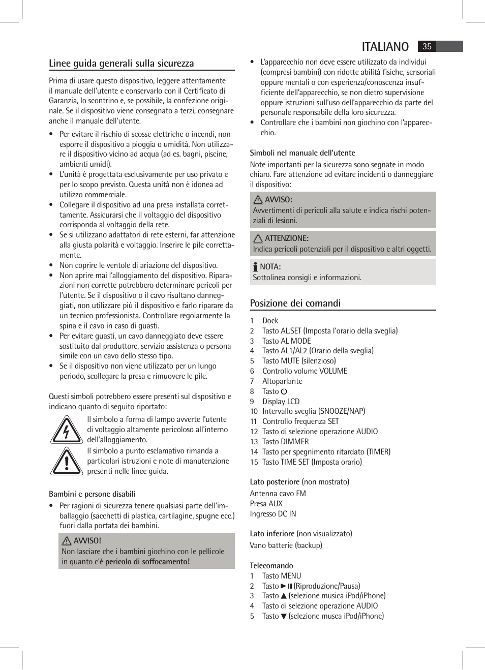 Italiano, Linee guida generali sulla sicurezza, Posizione dei comandi | AEG SRC 4333 iP User Manual | Page 35 / 74