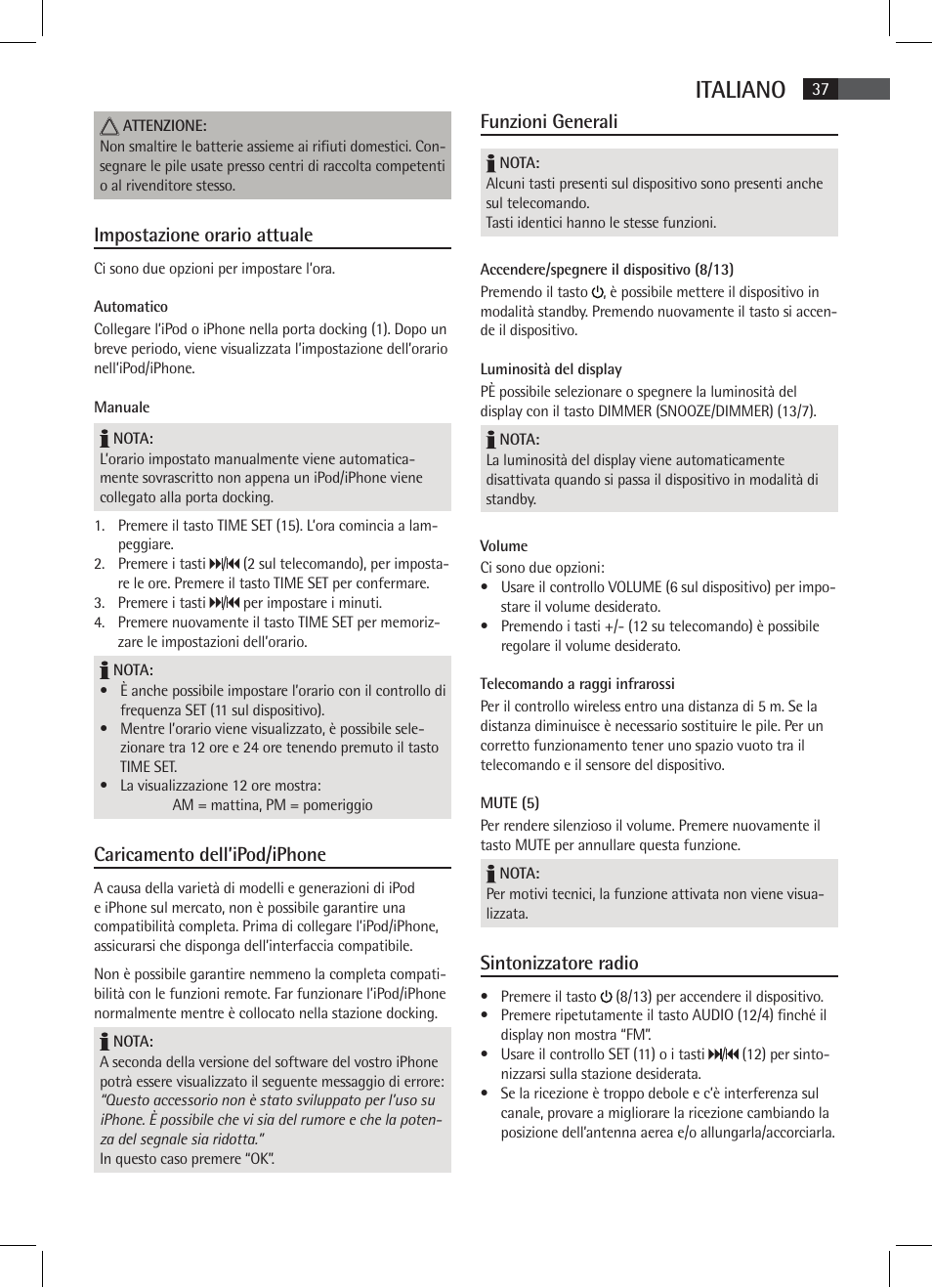 Italiano, Impostazione orario attuale, Caricamento dell’ipod/iphone | Funzioni generali, Sintonizzatore radio | AEG SRC 4333 iP User Manual | Page 37 / 74