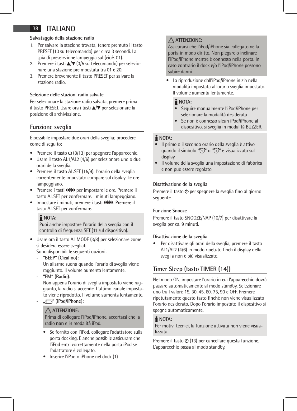 Italiano, Funzione sveglia, Timer sleep (tasto timer (14)) | AEG SRC 4333 iP User Manual | Page 38 / 74