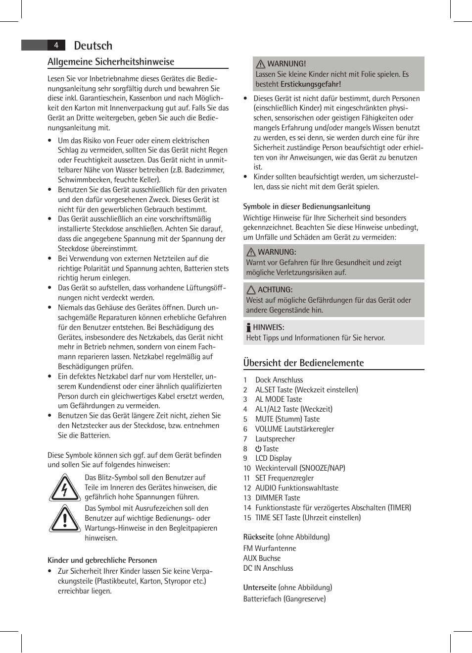 Deutsch, Allgemeine sicherheitshinweise, Übersicht der bedienelemente | AEG SRC 4333 iP User Manual | Page 4 / 74