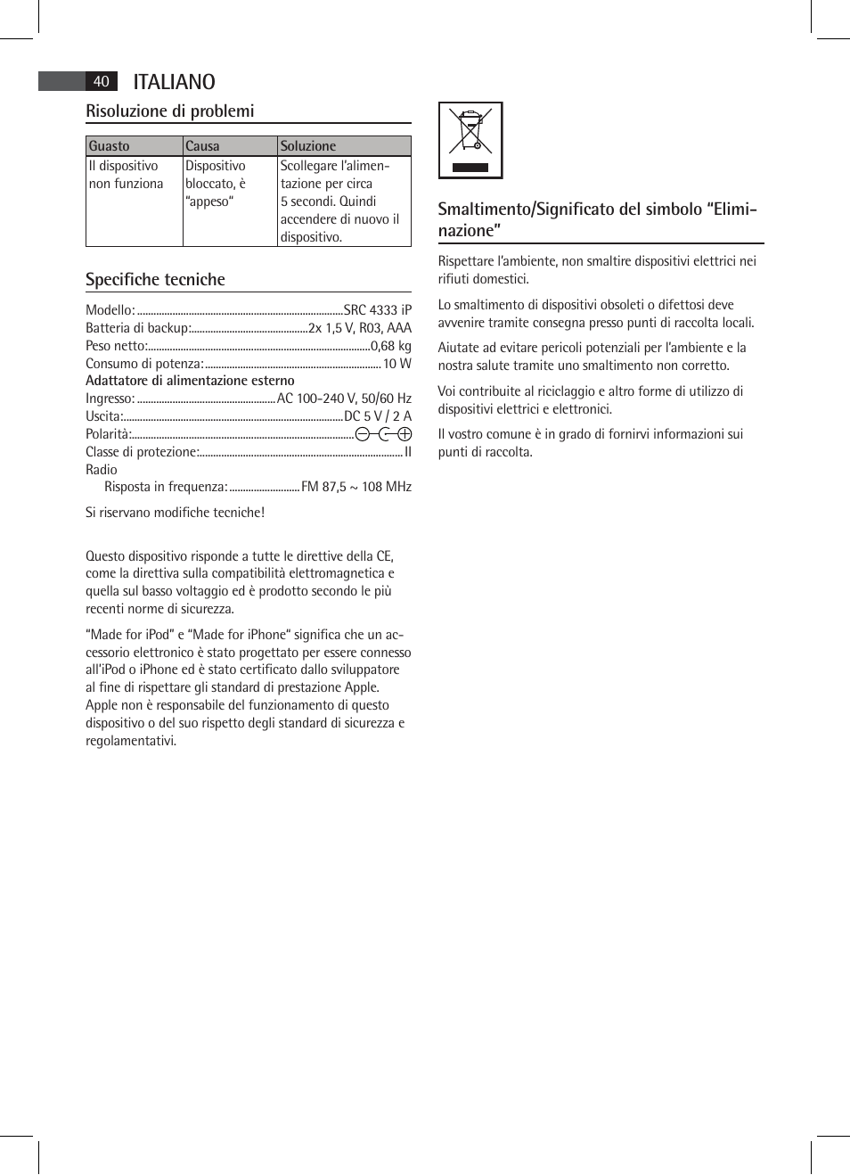 Italiano, Risoluzione di problemi, Specifiche tecniche | AEG SRC 4333 iP User Manual | Page 40 / 74