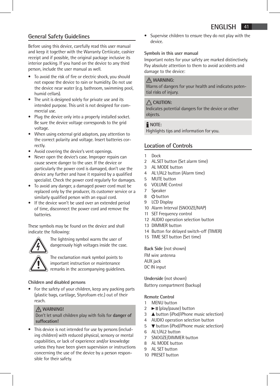 English, General safety guidelines, Location of controls | AEG SRC 4333 iP User Manual | Page 41 / 74