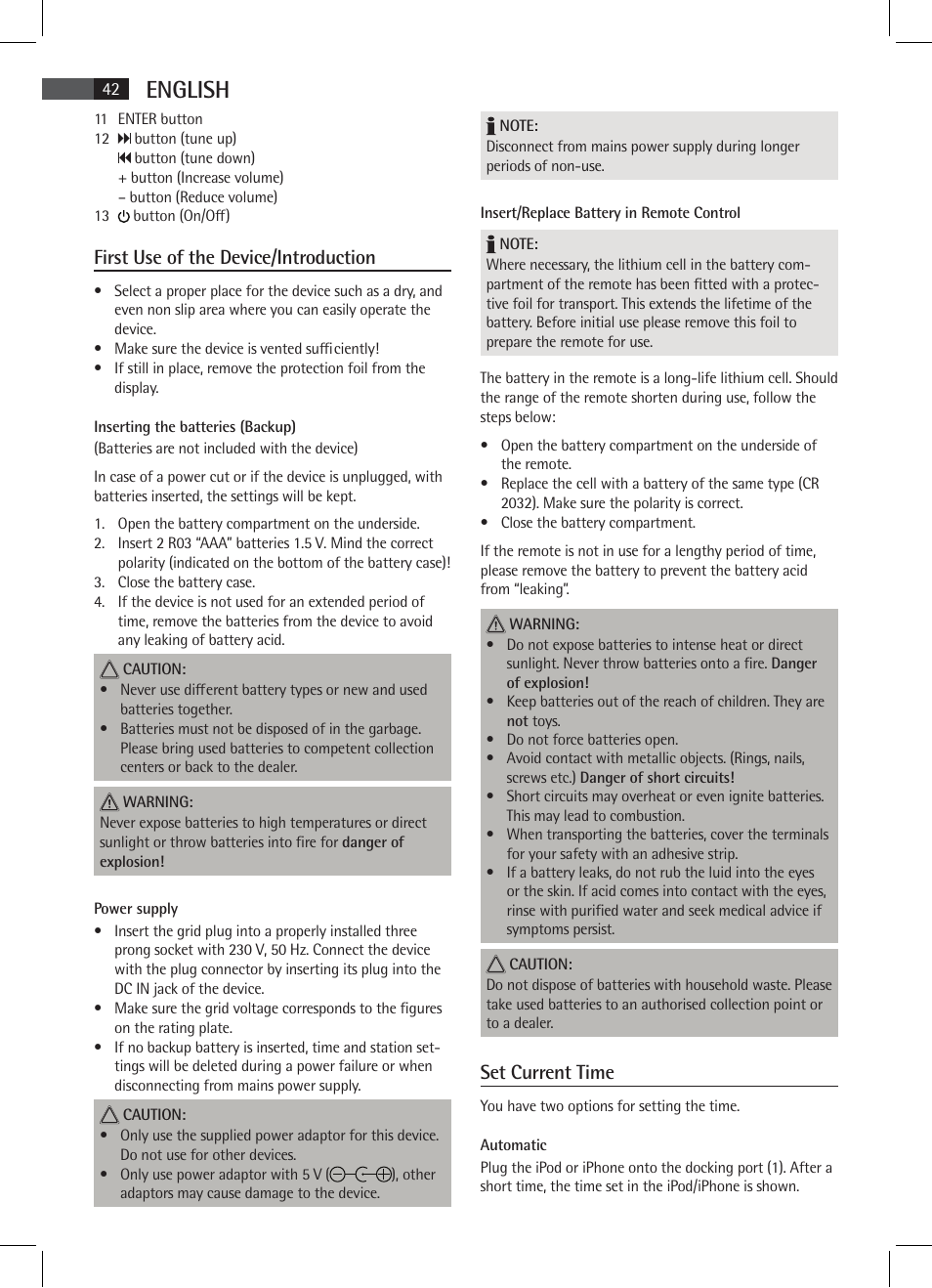 English, First use of the device/introduction, Set current time | AEG SRC 4333 iP User Manual | Page 42 / 74