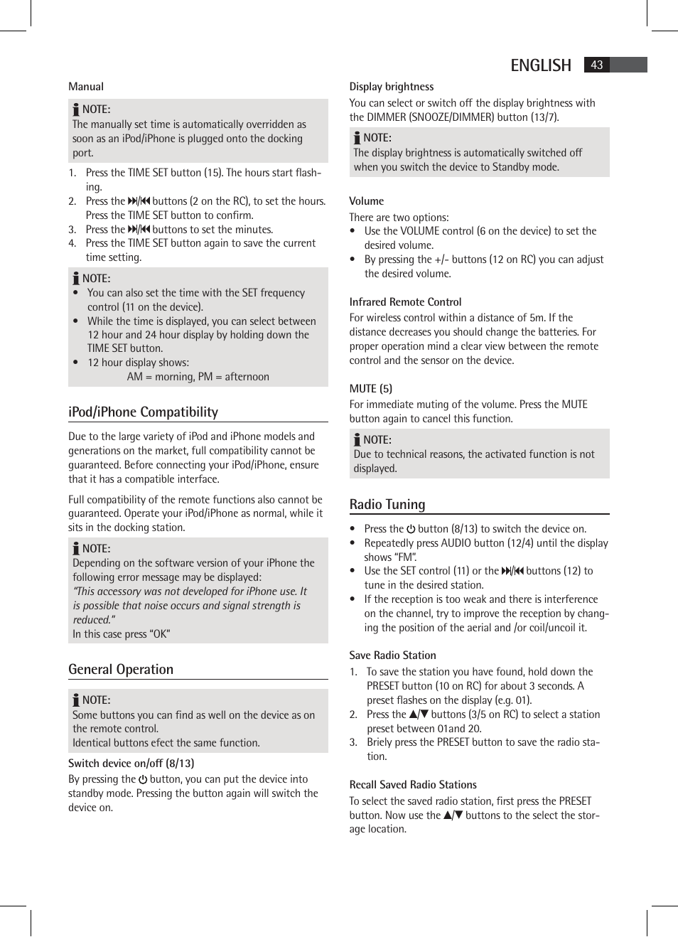 English, Ipod/iphone compatibility, General operation | Radio tuning | AEG SRC 4333 iP User Manual | Page 43 / 74