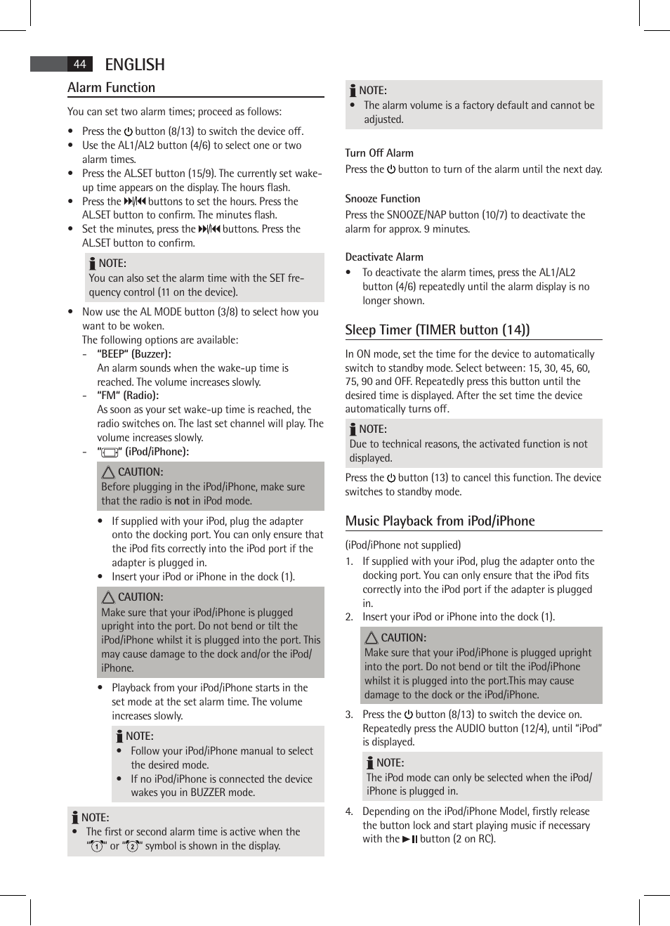 English, Alarm function, Sleep timer (timer button (14)) | Music playback from ipod/iphone | AEG SRC 4333 iP User Manual | Page 44 / 74