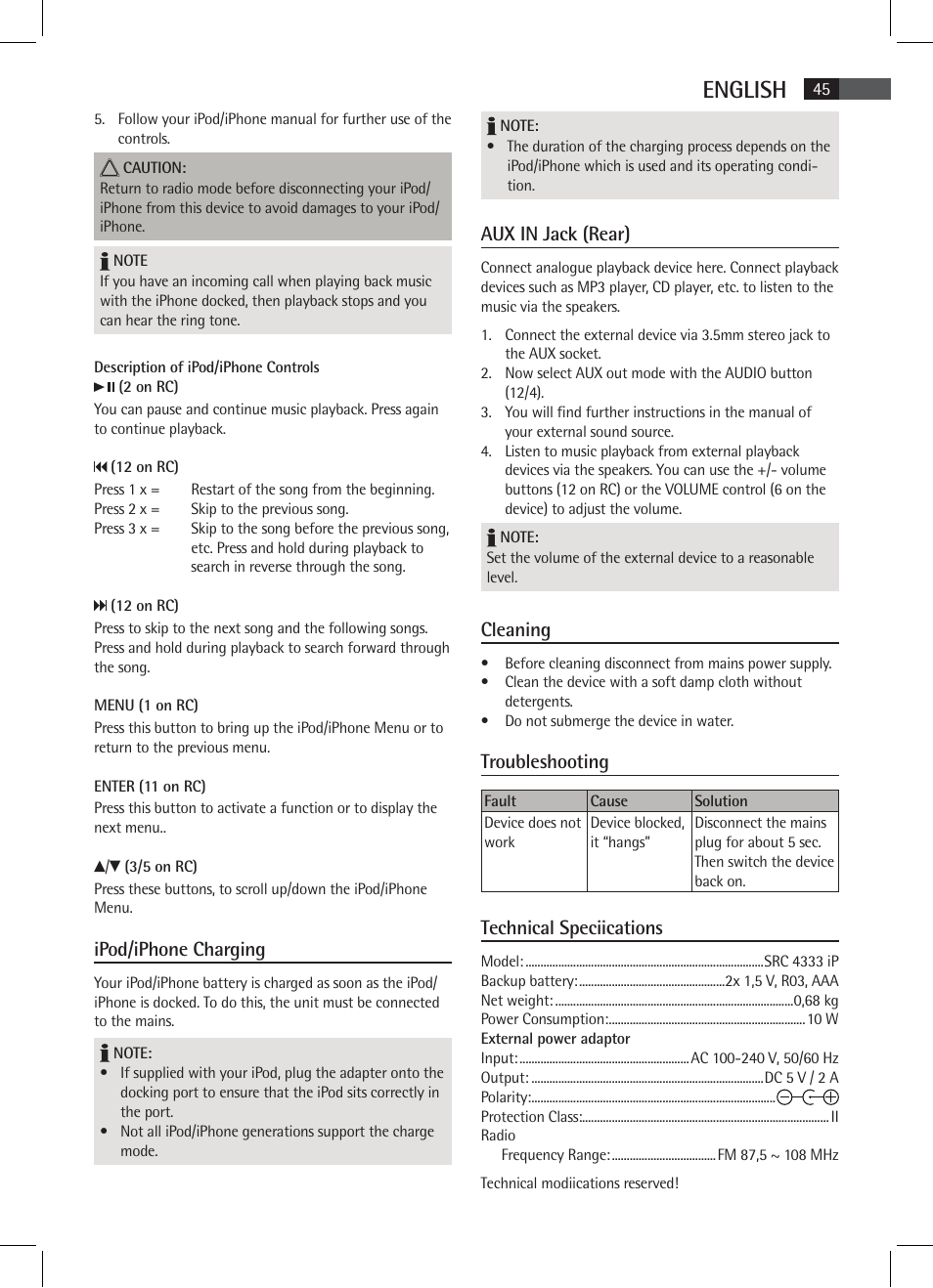 English, Ipod/iphone charging, Aux in jack (rear) | Cleaning, Troubleshooting, Technical speciications | AEG SRC 4333 iP User Manual | Page 45 / 74