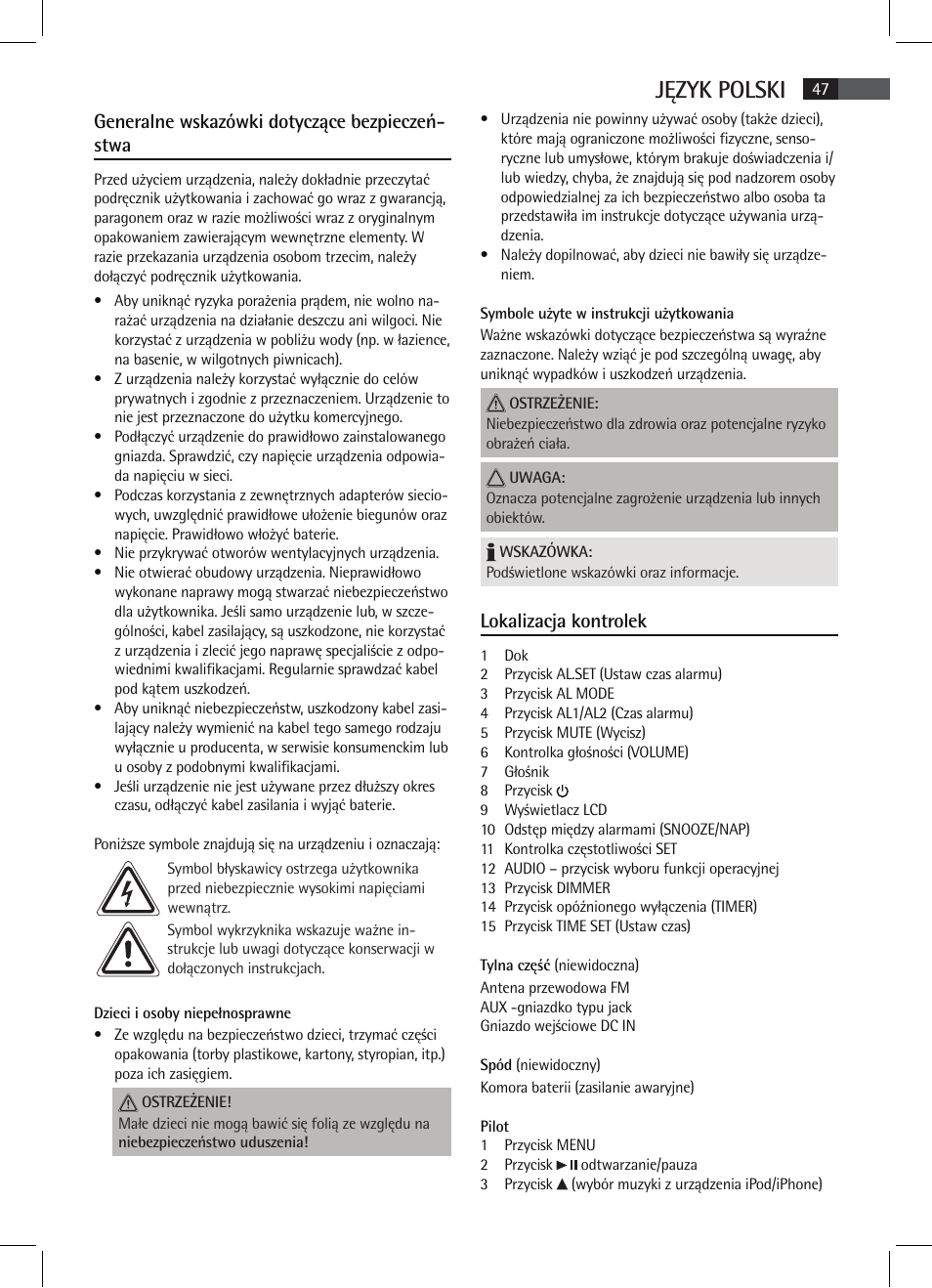 Język polski, Generalne wskazówki dotyczące bezpieczeń- stwa, Lokalizacja kontrolek | AEG SRC 4333 iP User Manual | Page 47 / 74