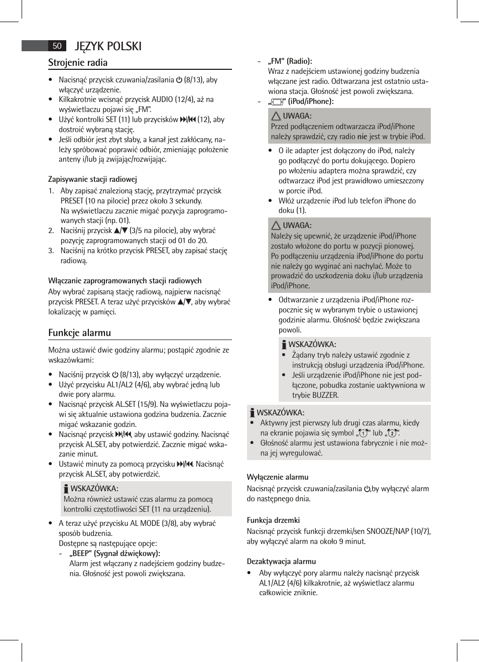 Język polski, Strojenie radia, Funkcje alarmu | AEG SRC 4333 iP User Manual | Page 50 / 74