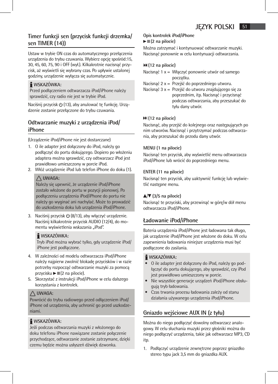 Język polski, Odtwarzanie muzyki z urządzenia ipod/ iphone, Ładowanie ipod/iphone | Gniazdo wejściowe aux in (z tyłu) | AEG SRC 4333 iP User Manual | Page 51 / 74