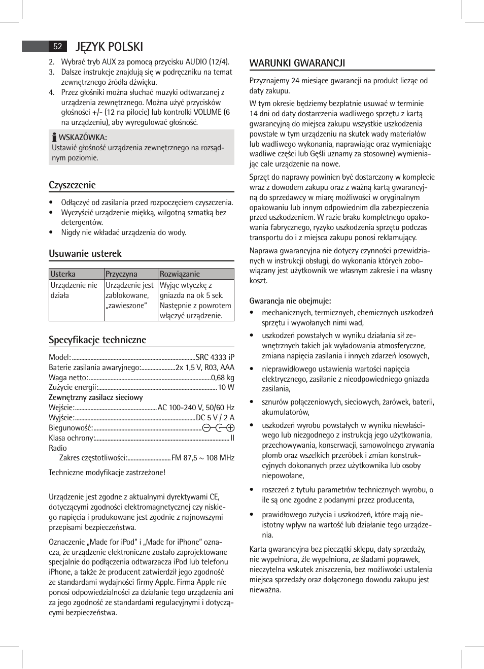 Język polski, Czyszczenie, Usuwanie usterek | Specyfikacje techniczne, Warunki gwarancji | AEG SRC 4333 iP User Manual | Page 52 / 74