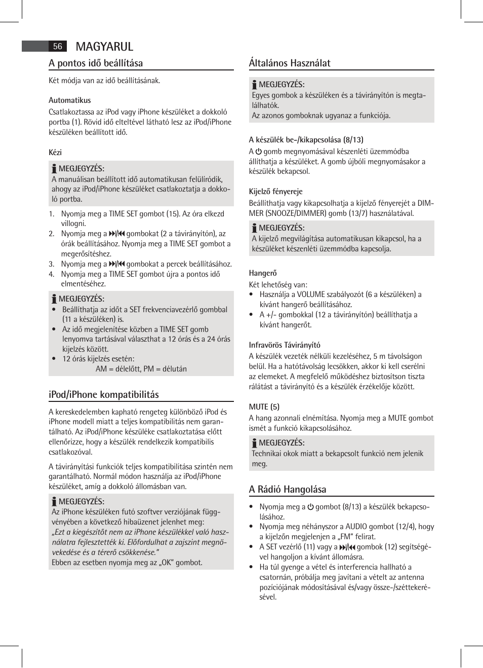 Magyarul, A pontos idő beállítása, Ipod/iphone kompatibilitás | Általános használat, A rádió hangolása | AEG SRC 4333 iP User Manual | Page 56 / 74