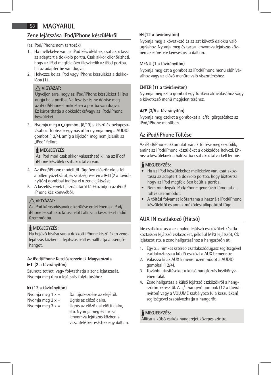 Magyarul, Zene lejátszása ipod/iphone készülékről, Az ipod/iphone töltése | Aux in csatlakozó (hátsó) | AEG SRC 4333 iP User Manual | Page 58 / 74