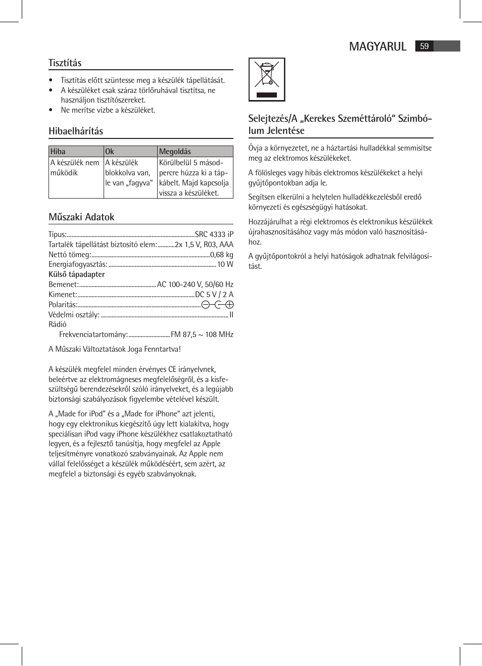 Magyarul | AEG SRC 4333 iP User Manual | Page 59 / 74