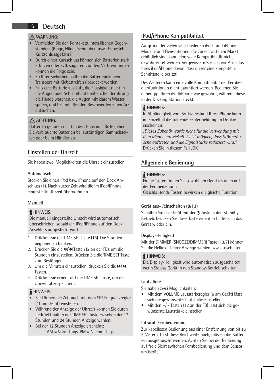 Deutsch, Einstellen der uhrzeit, Ipod/iphone kompatibilität | Allgemeine bedienung | AEG SRC 4333 iP User Manual | Page 6 / 74