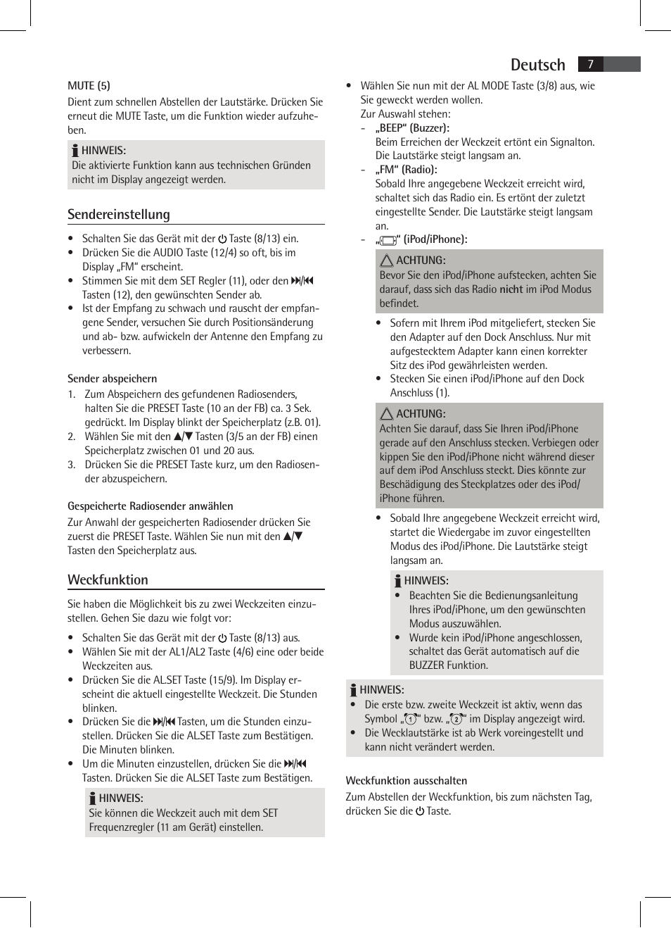 Deutsch, Sendereinstellung, Weckfunktion | AEG SRC 4333 iP User Manual | Page 7 / 74