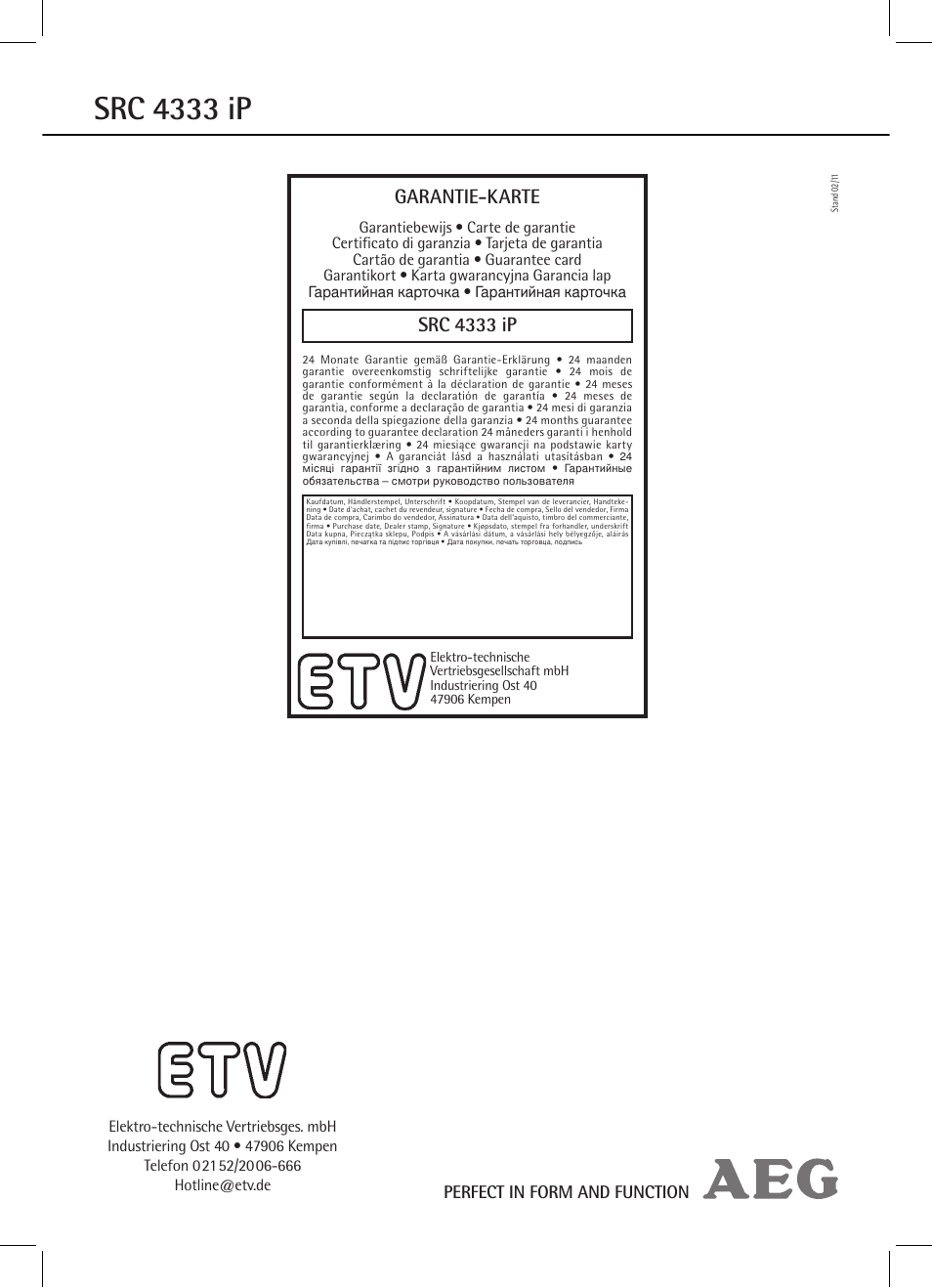 Src 4333 ip, Garantie-karte, Perfect in form and function | AEG SRC 4333 iP User Manual | Page 74 / 74