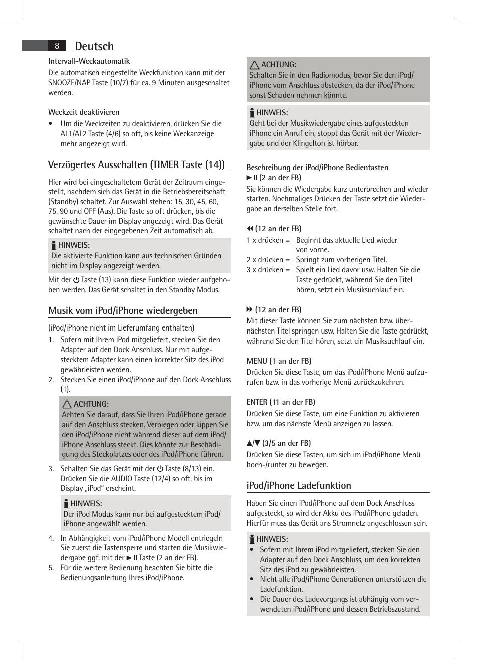 Deutsch, Verzögertes ausschalten (timer taste (14)), Musik vom ipod/iphone wiedergeben | Ipod/iphone ladefunktion | AEG SRC 4333 iP User Manual | Page 8 / 74