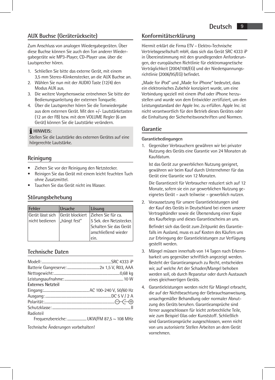 Deutsch, Aux buchse (geräterückseite), Reinigung | Störungsbehebung, Technische daten, Konformitätserklärung, Garantie | AEG SRC 4333 iP User Manual | Page 9 / 74